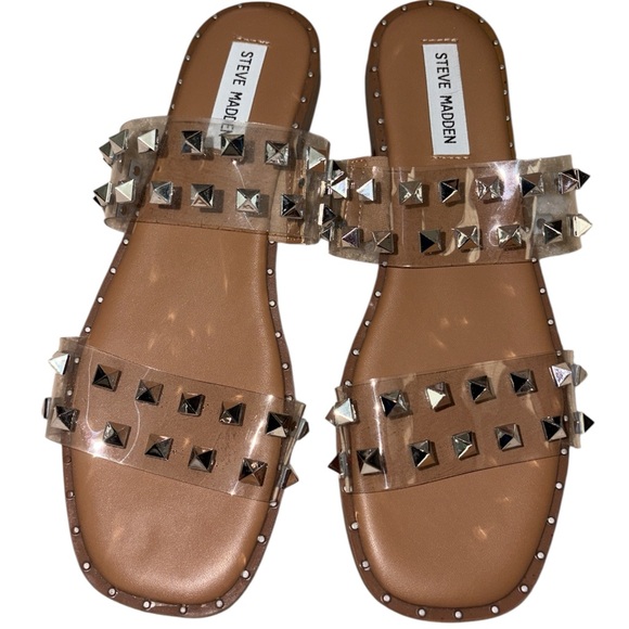 Steve Madden Women's Rhinestone Studded Slip-On Sandals, Tan, Size 8 - Picture 1 of 3